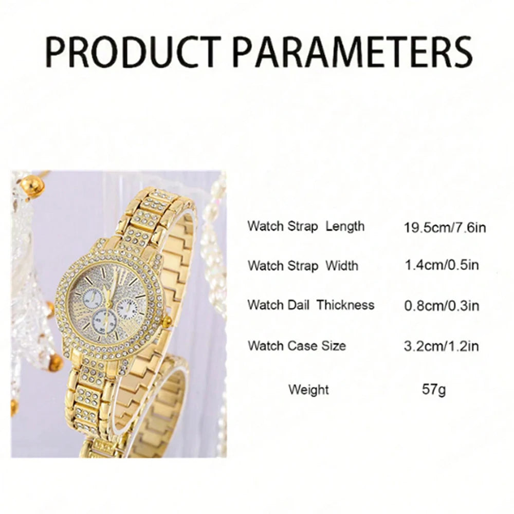 Women's Jewelry Watch Set - Gold Quartz Watch with Ring Necklace Earring