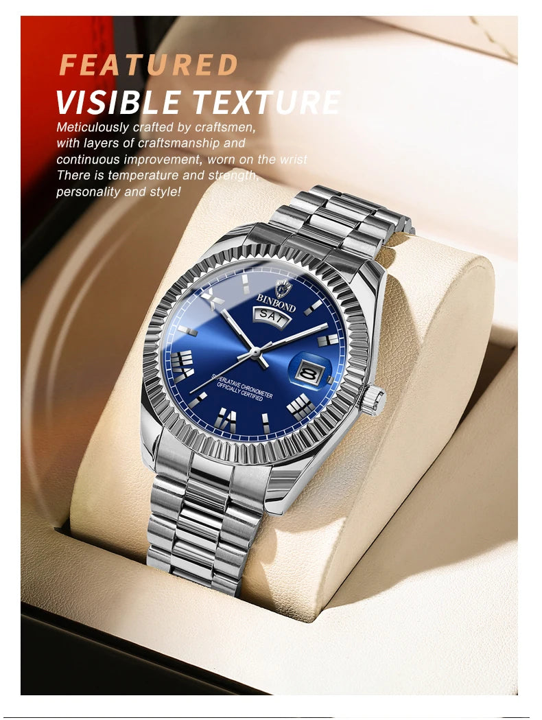 ساعة BINBOND B0733 للرجال فاخرة مقاومة للماء بتقويم مزدوج وإضاءة ليلية من الفولاذ المقاوم للصدأ كوارتز للرجال