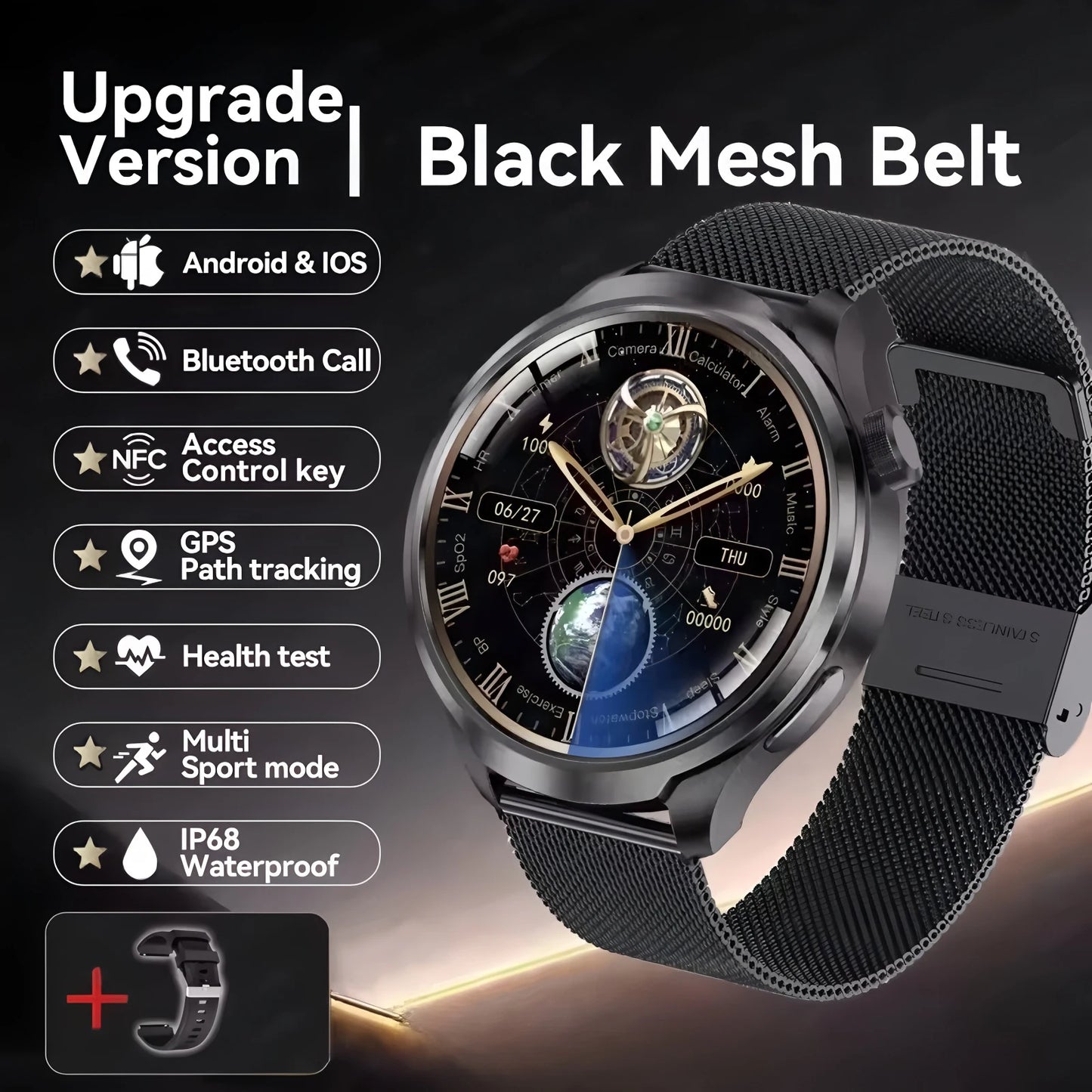 ساعة ذكية رياضية مزودة بنظام تحديد المواقع العالمي (GPS) - شاشة AMOLED مقاس 1.85 بوصة، وجهاز مراقبة معدل ضربات القلب وضغط الدم