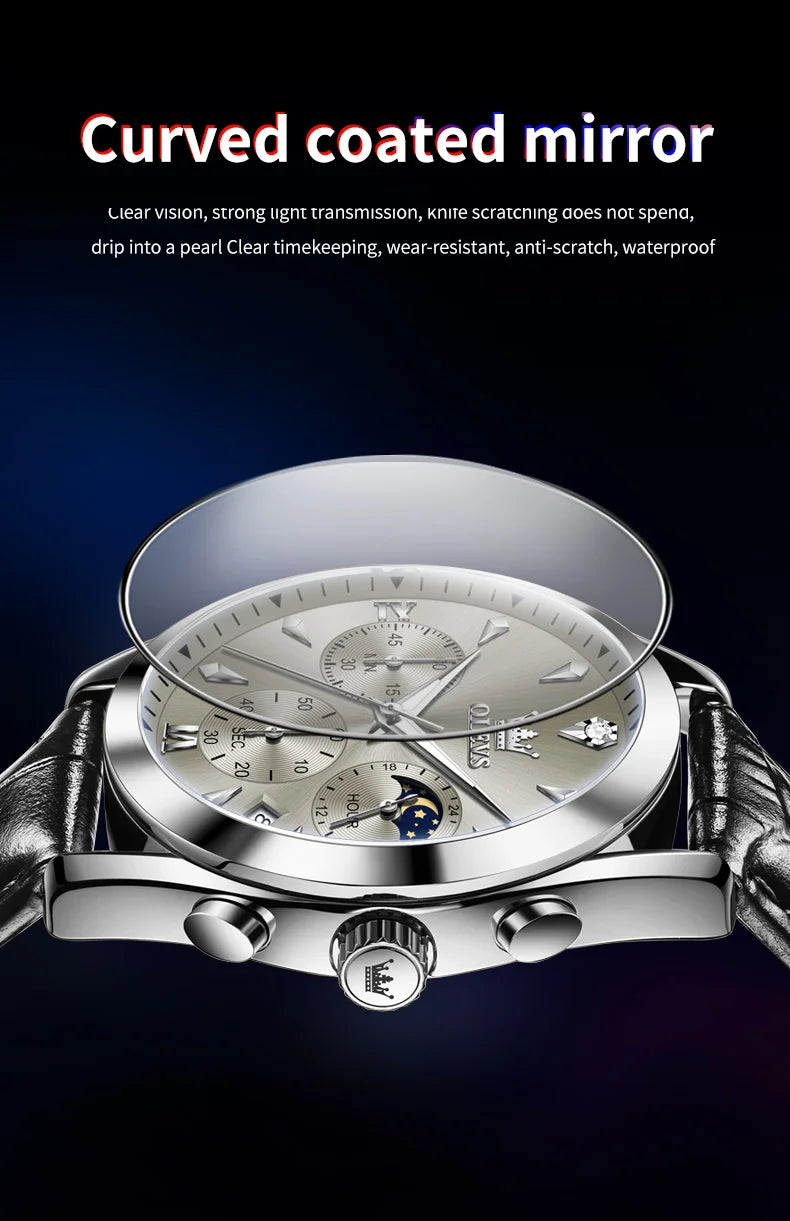 ساعة OLEVS 3609 الأصلية كرونوغراف بمرحلة القمر للرجال بحزام جلدي مقاوم للماء ومضيئة من ماركة فاخرة ساعات معصم كوارتز للرجال