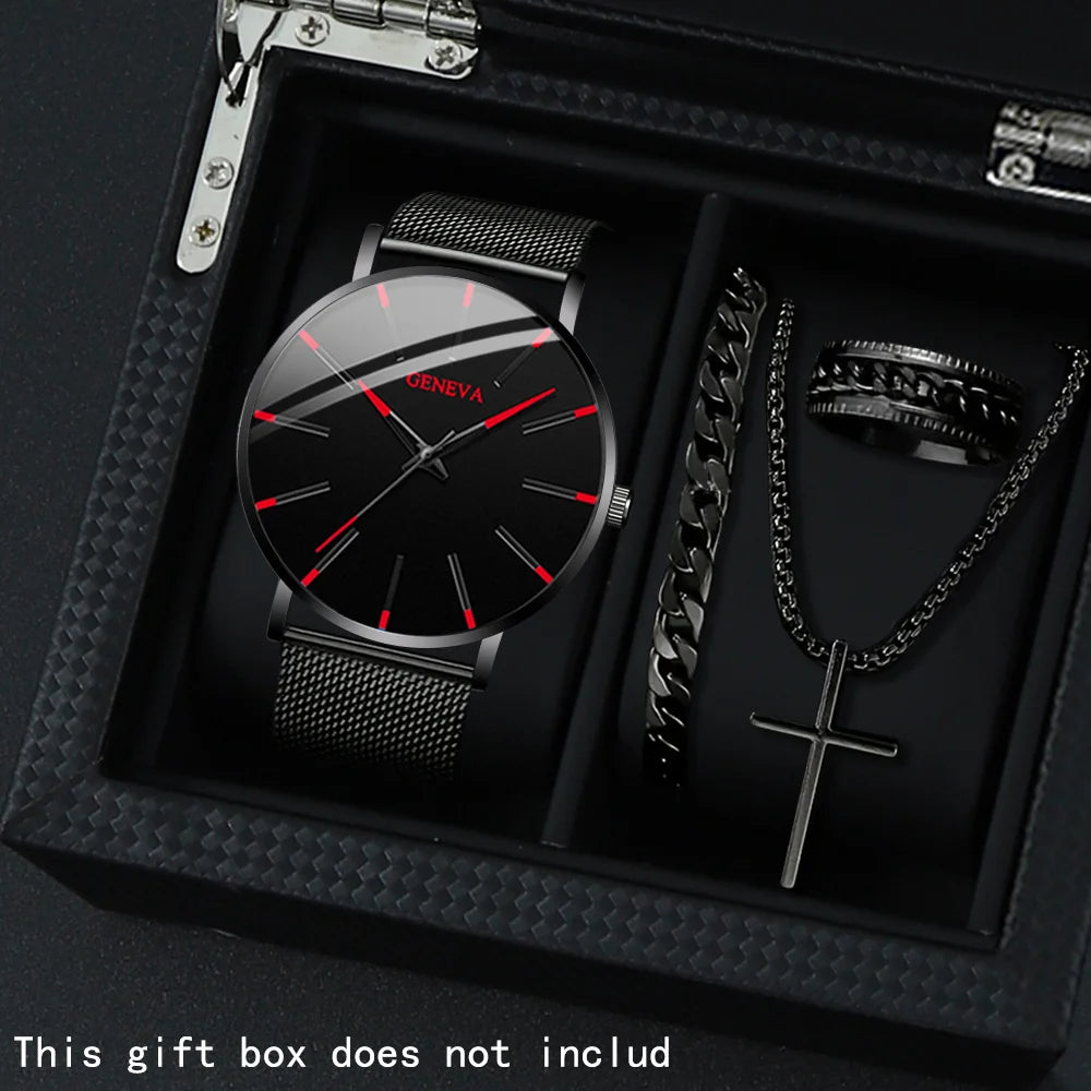 Men's Watch Set - 4pcs Casual Quartz Watch PU Leather Strap Gift Set