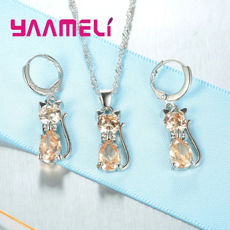 Jewelry Set - 925 Silver Cat Pendant Necklace Huggie Earring Set