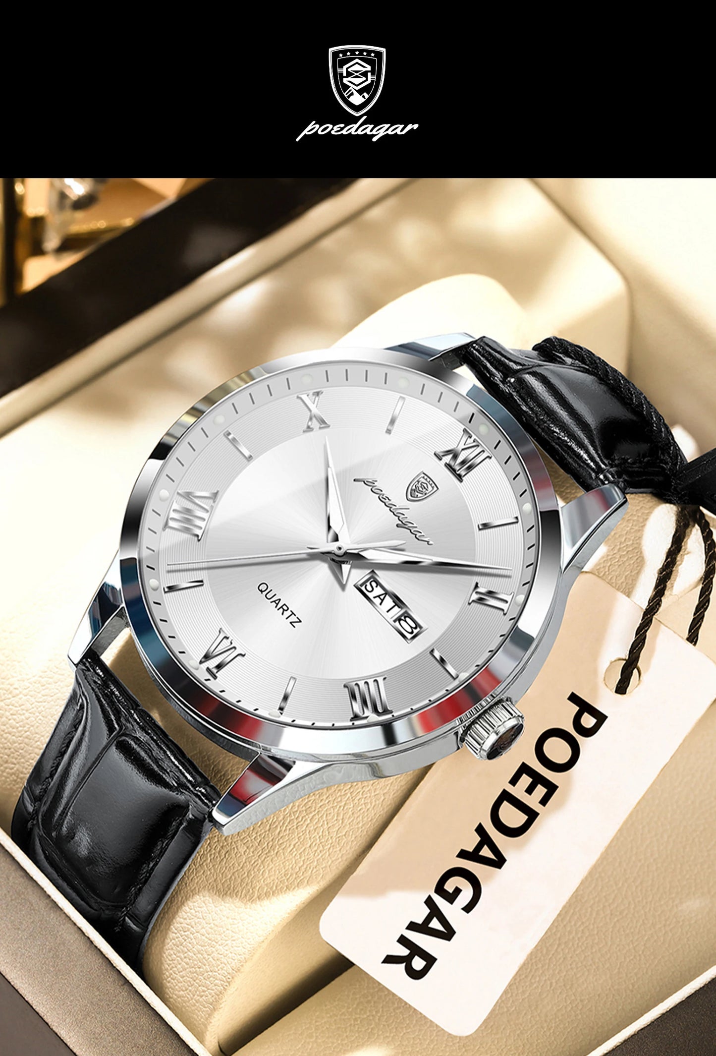 ساعة يد رجالية كلاسيكية فاخرة من POEDAGAR، ساعة رجال أعمال جلدية مقاومة للماء ومضيئة، ساعات كوارتز أنيقة للرجال