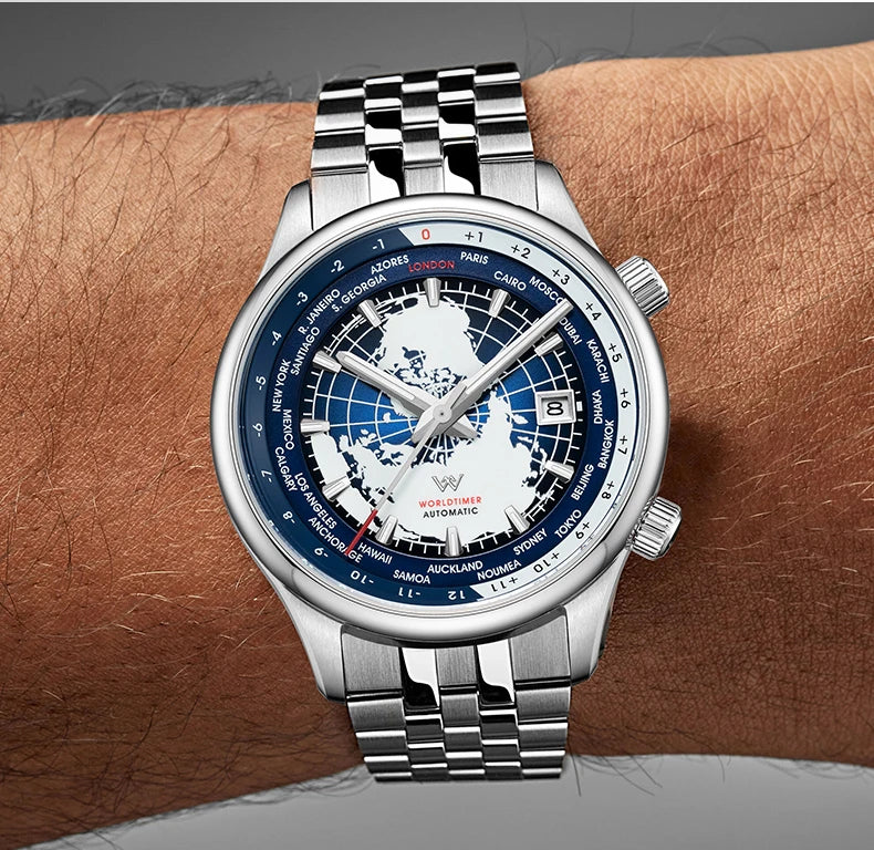 Montre WM automatique mécanique pour homme, haute qualité, verre saphir, heure mondiale, marque originale reconnue Welly Merck, référence WM057