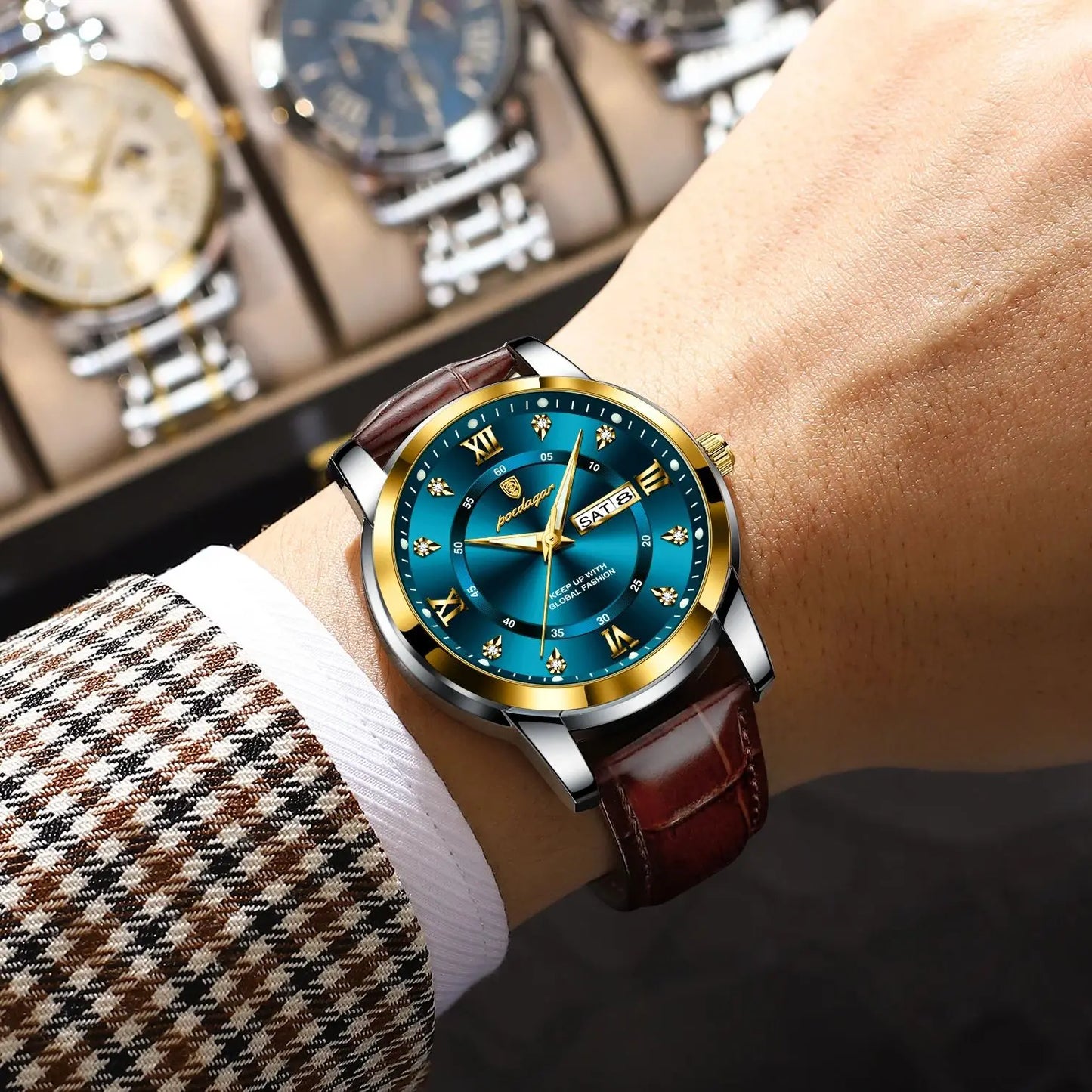 ساعة POEDAGAR الفاخرة للرجال، ساعة يد جلدية مضيئة مقاومة للماء، ساعة رجالية كاجوال رياضية، ساعات كوارتز للرجال