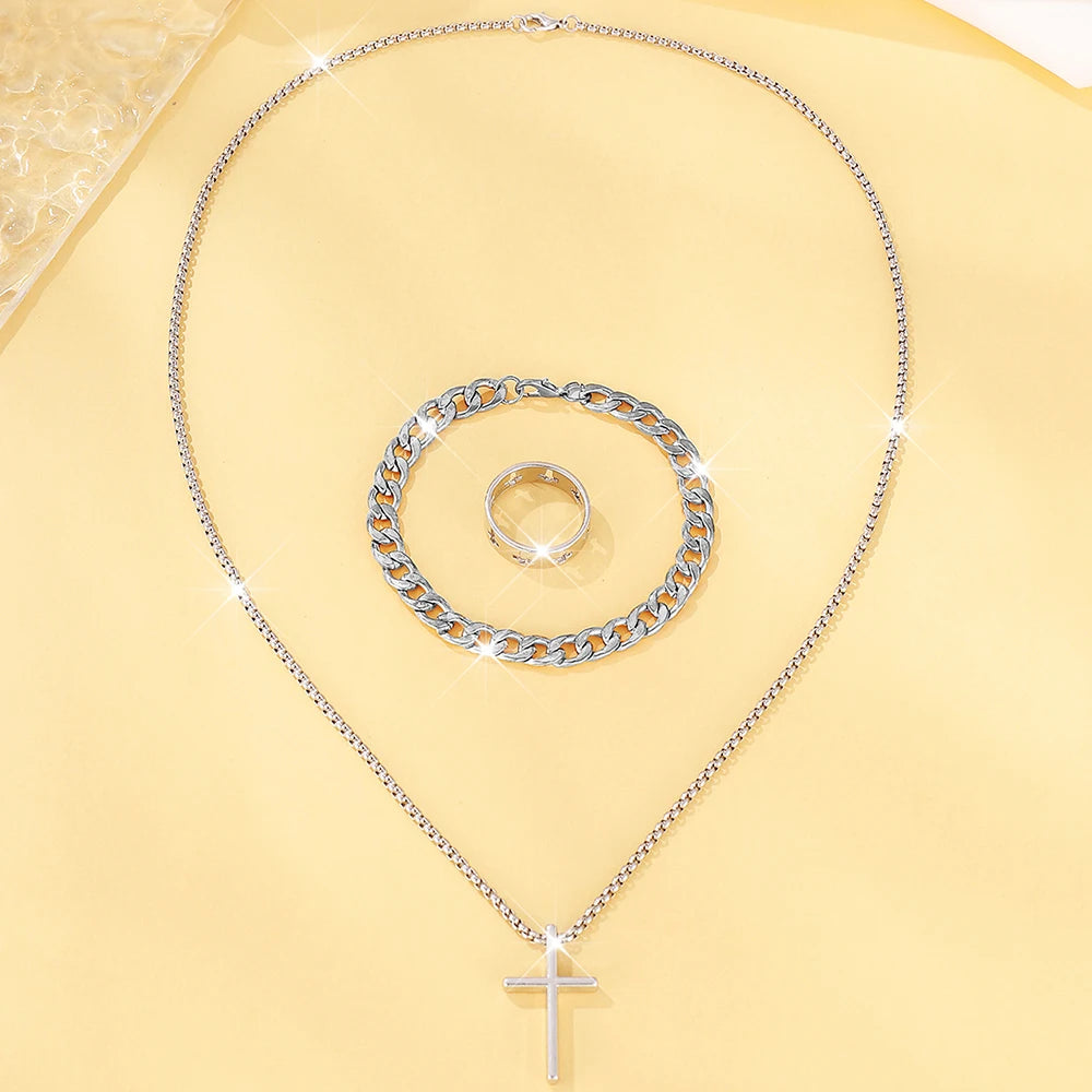 Men's Jewelry Set - 3pcs Cross Pendant Necklace Bracelet Ring Set