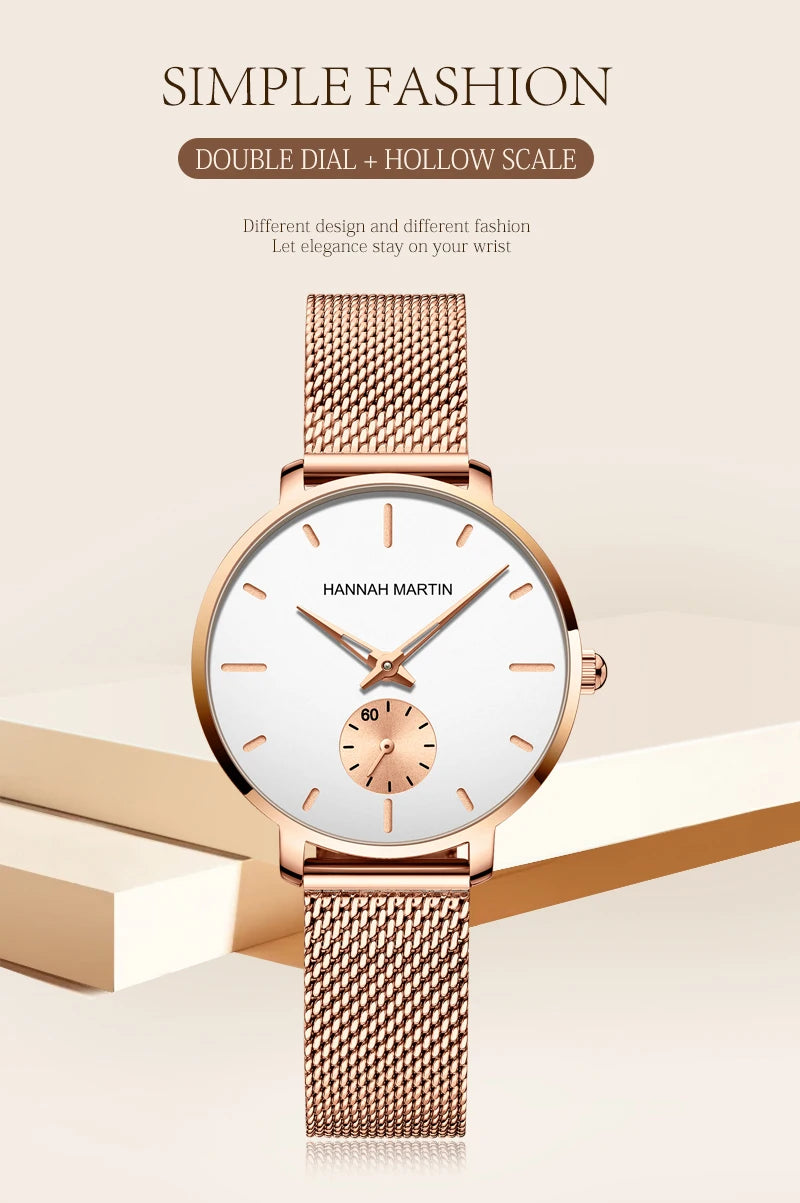 Montre femme Hannah Martin 2025 - Montre habillée en acier inoxydable et maille