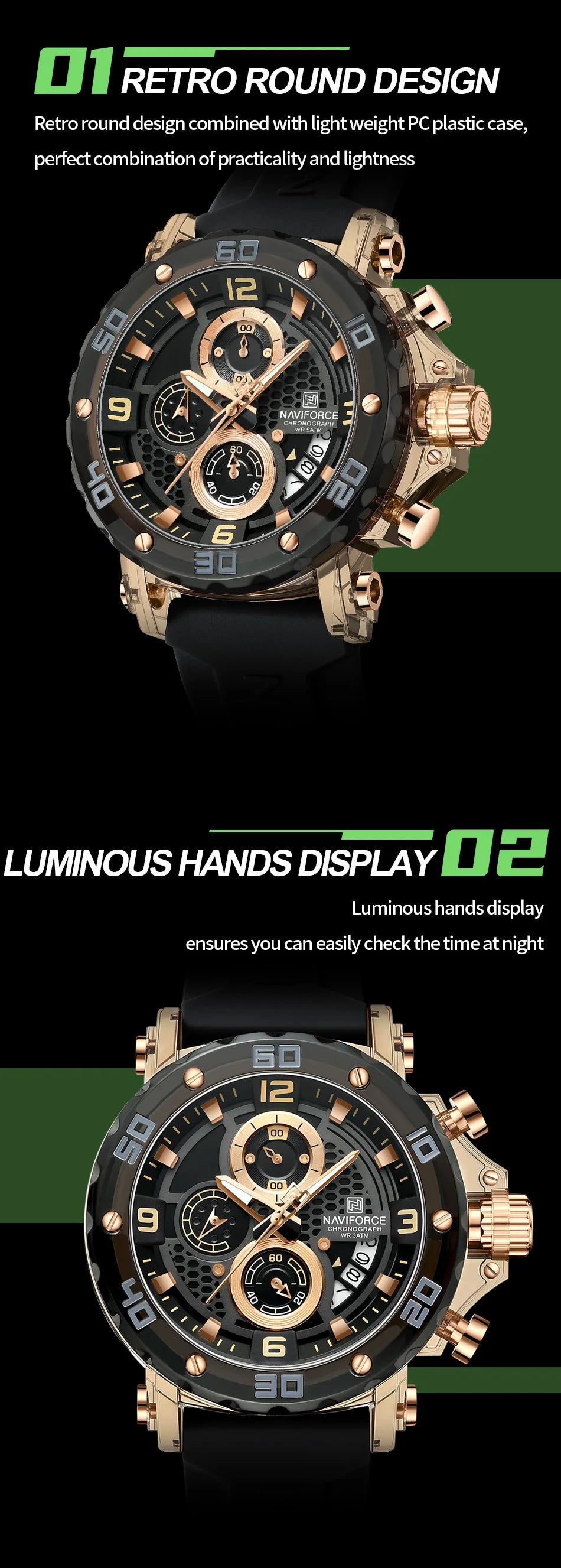 ساعة NAVIFORCE للرجال كوارتز عصرية مقاومة للماء حتى 5ATM ساعات رجالية كرونوغراف عقارب مضيئة حزام سيليكون خفيف الوزن
