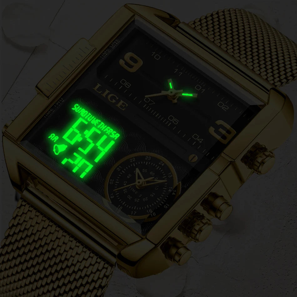 ساعة LIGE 2024 النسائية - ساعة فاخرة مربعة ذات شاشة مزدوجة
