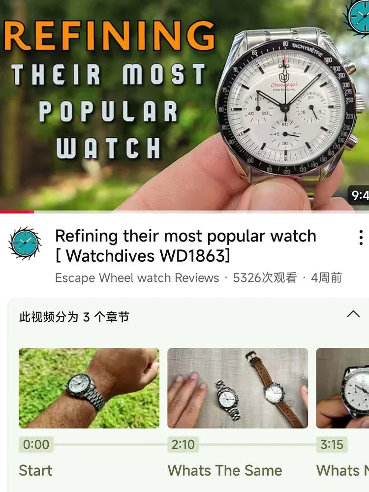 Montre Watchdives WD1863 à quartz, mouvement chronographe VK63, verre saphir bombé, étanche à 10 bar, luminescente, 39 mm, style vintage