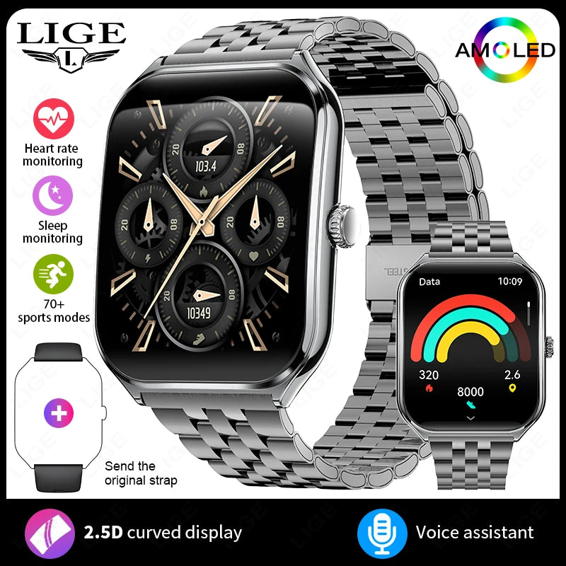 LIGE Ultra Thin Smart Watch - 1.96" AMOLED Curved Display BT Call Heart Rate