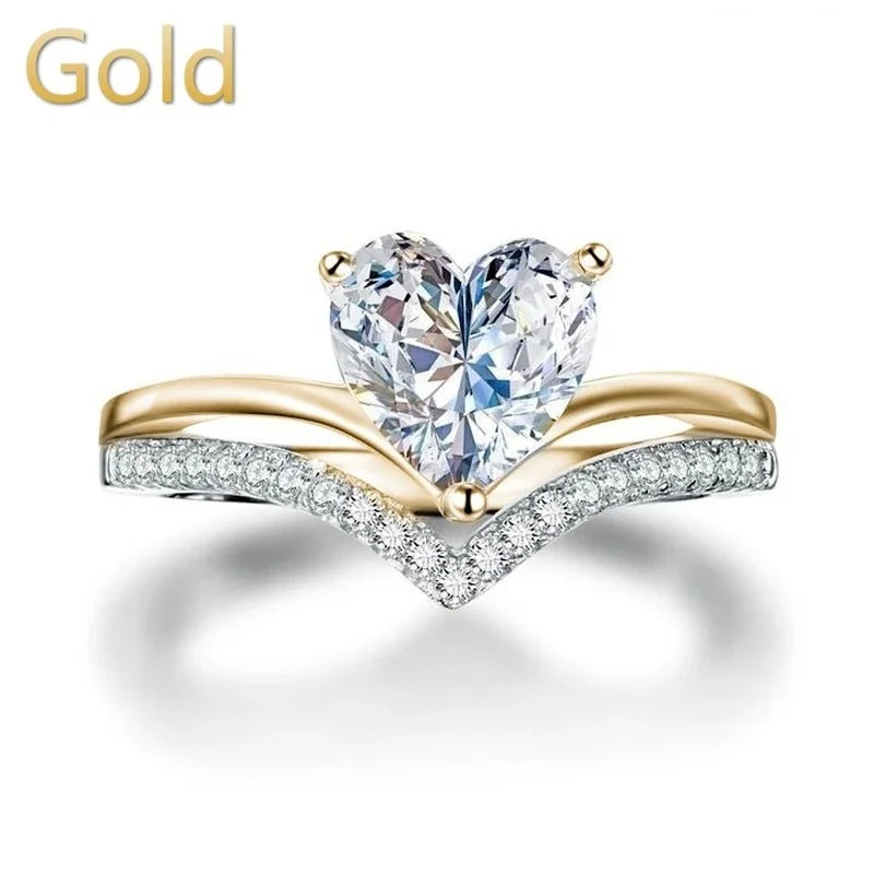 Heart Ring Set - Silver Zircon Bridal Engagement Wedding Rings
