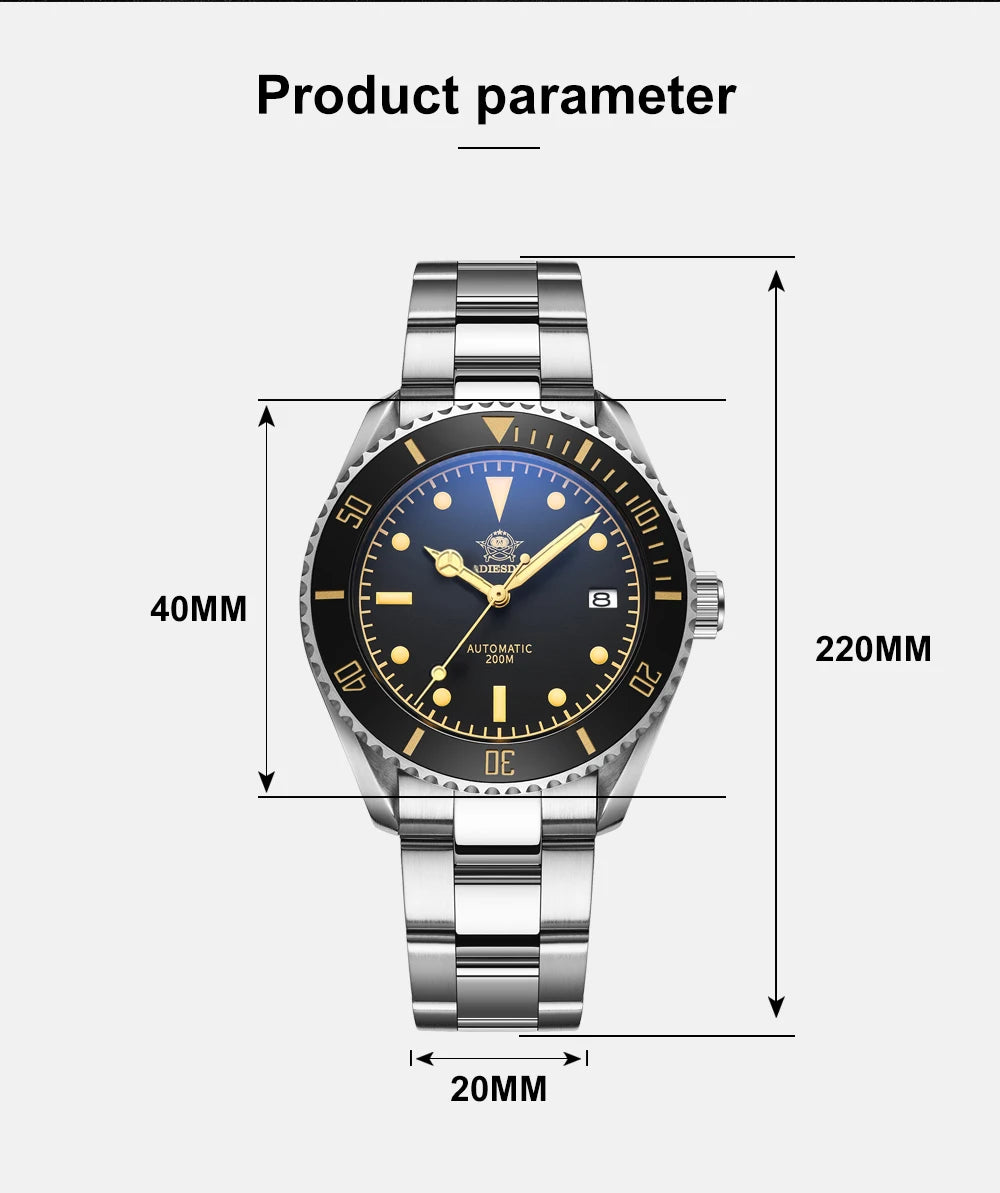 ساعة يد ADDIESDIVE Business Vintage Leather مقاومة للماء أوتوماتيكية ميكانيكية من الفولاذ للرجال ساعة كاجوال أوروبية أمريكية