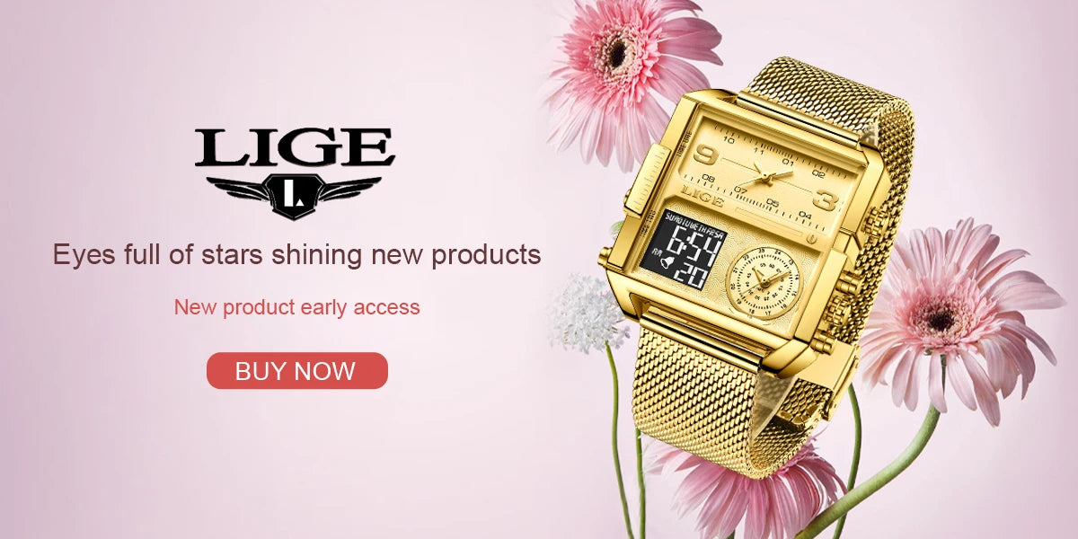 ساعة LIGE 2024 النسائية - ساعة فاخرة مربعة ذات شاشة مزدوجة