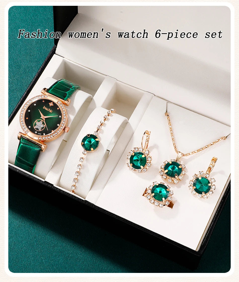 6PCS Set Green Luxury Quartz Watch Women Ring Necklace Earring Rhinestone Fashion Wristwatch Casual Ladies Bracelet Watches