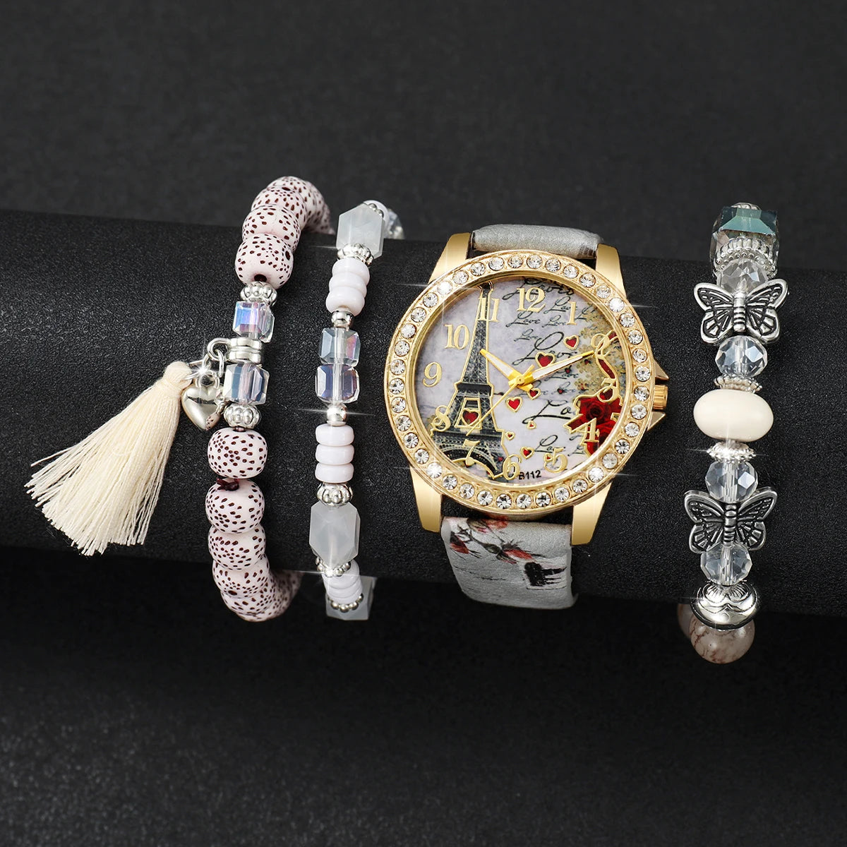 Women's Watch Set - 3/4/5pcs Rhinestone Flower Leather Band Watches