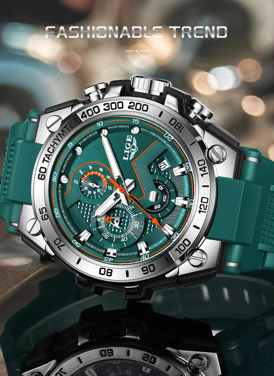 ساعة LIGE الجديدة للرجال متعددة الوظائف بحزام من السيليكون مقاومة للماء وتقويم مضيء وساعات كوارتز رياضية أنيقة للرجال