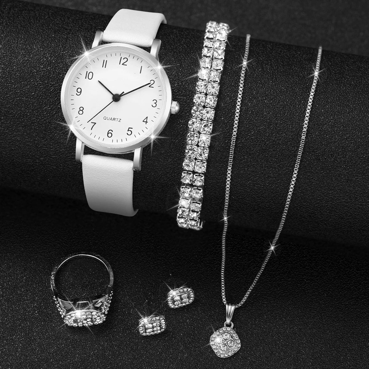 5/6 قطع ساعة كوارتز نسائية أنيقة بسوار جلدي ساعات كوارتز تناظرية مع مجوهرات ماسية (بدون علبة)