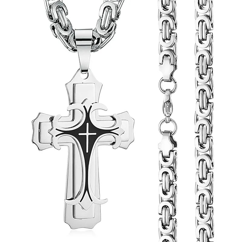 Collier croix pour homme - Croix latine chrétienne de la Trinité en acier inoxydable