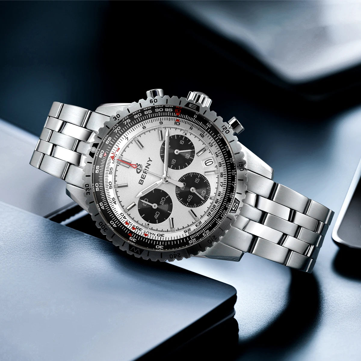 Montre chronographe BERNY pour homme, montre de pilote d'aviation multifonction à quartz avec date, verre saphir et luminescence intense. Montre-bracelet de luxe.