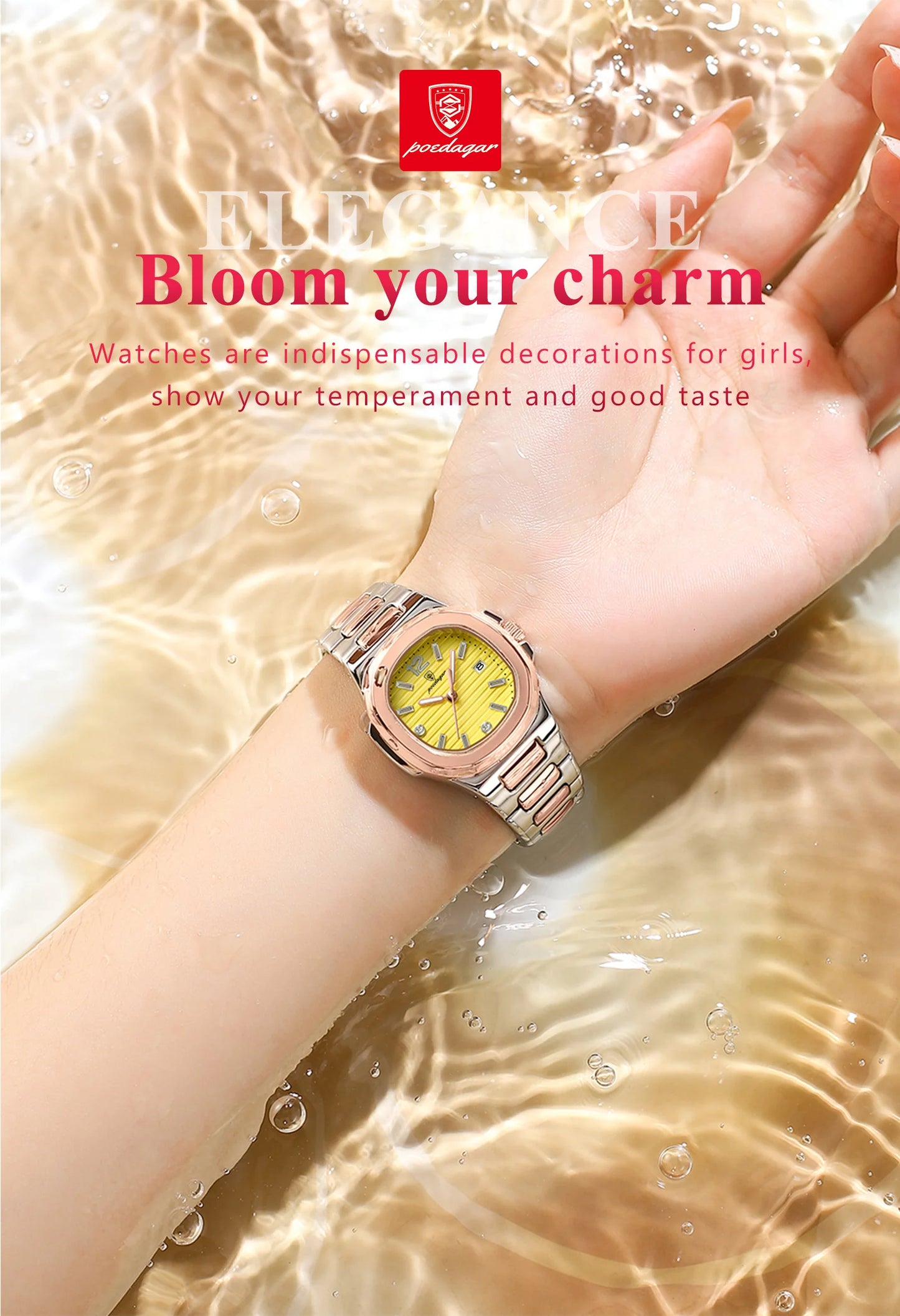 ساعة POEDAGAR النسائية - ساعة مربعة فاخرة مقاومة للماء ومضيئة