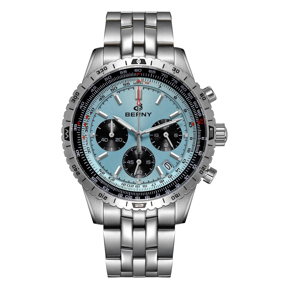 Montre chronographe BERNY pour homme, montre de pilote d'aviation multifonction à quartz avec date, verre saphir et luminescence intense. Montre-bracelet de luxe.