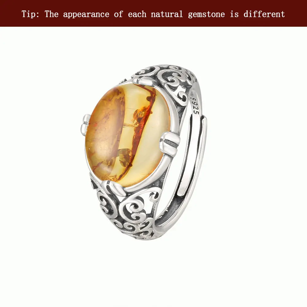 خاتم كهرمان عتيق - خاتم من الفضة الإسترلينية عيار 925 مرصع بحجر طبيعي