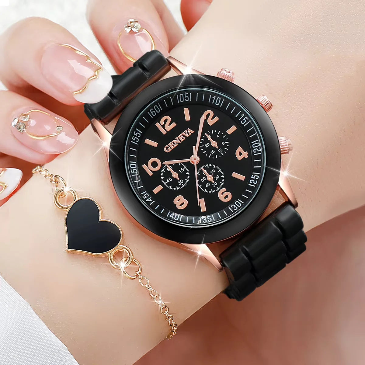 Geneva Watch Set - 4pcs Silicone Band Quartz Watches with Heart Jewelry