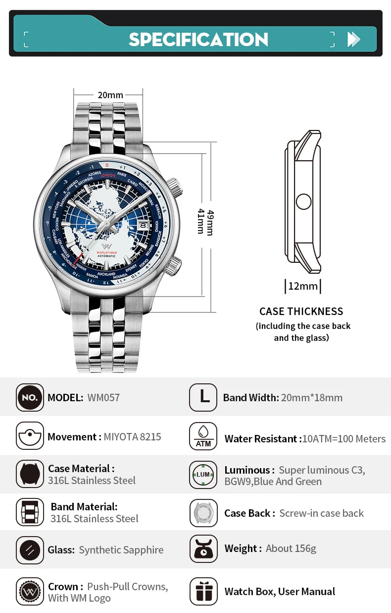 Montre WM automatique mécanique pour homme, haute qualité, verre saphir, heure mondiale, marque originale reconnue Welly Merck, référence WM057