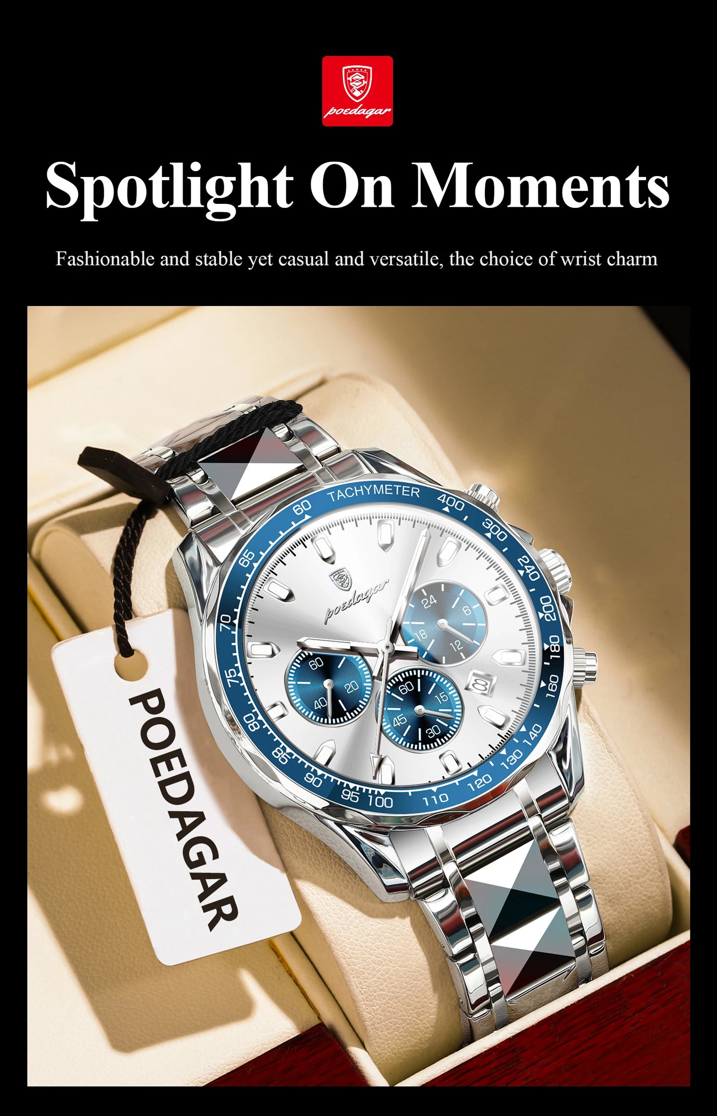 ساعة POEDAGAR للرجال من ماركة الأزياء المقاومة للماء والفولاذ المقاوم للصدأ ساعات رجالية مضيئة كرونوغراف وتاريخ كوارتز ساعة رياضية للرجال
