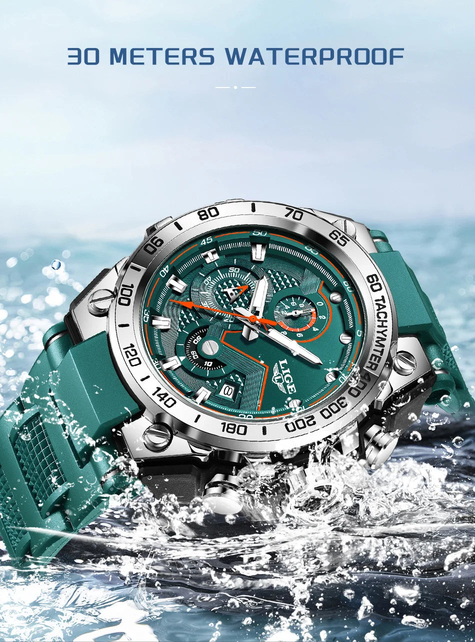 ساعة LIGE الجديدة للرجال متعددة الوظائف بحزام من السيليكون مقاومة للماء وتقويم مضيء وساعات كوارتز رياضية أنيقة للرجال