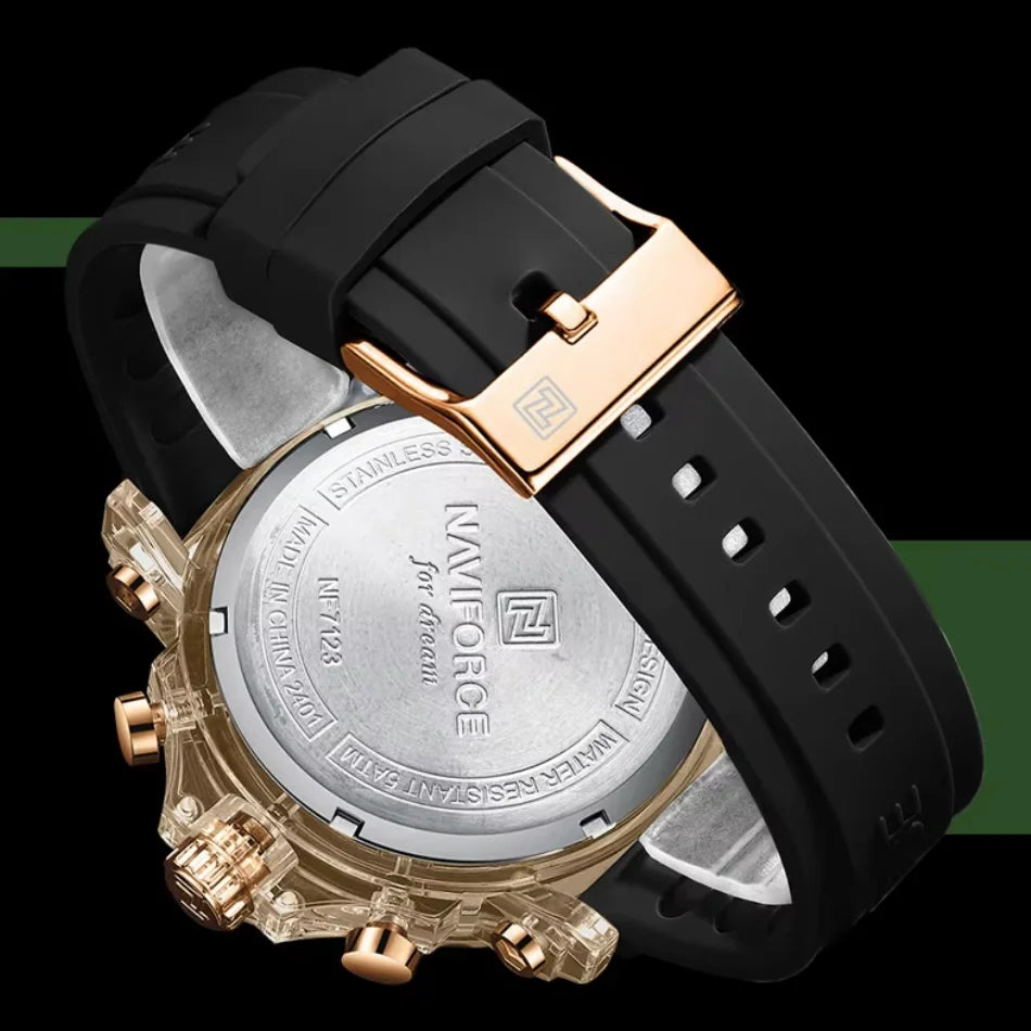 ساعة NAVIFORCE للرجال كوارتز عصرية مقاومة للماء حتى 5ATM ساعات رجالية كرونوغراف عقارب مضيئة حزام سيليكون خفيف الوزن