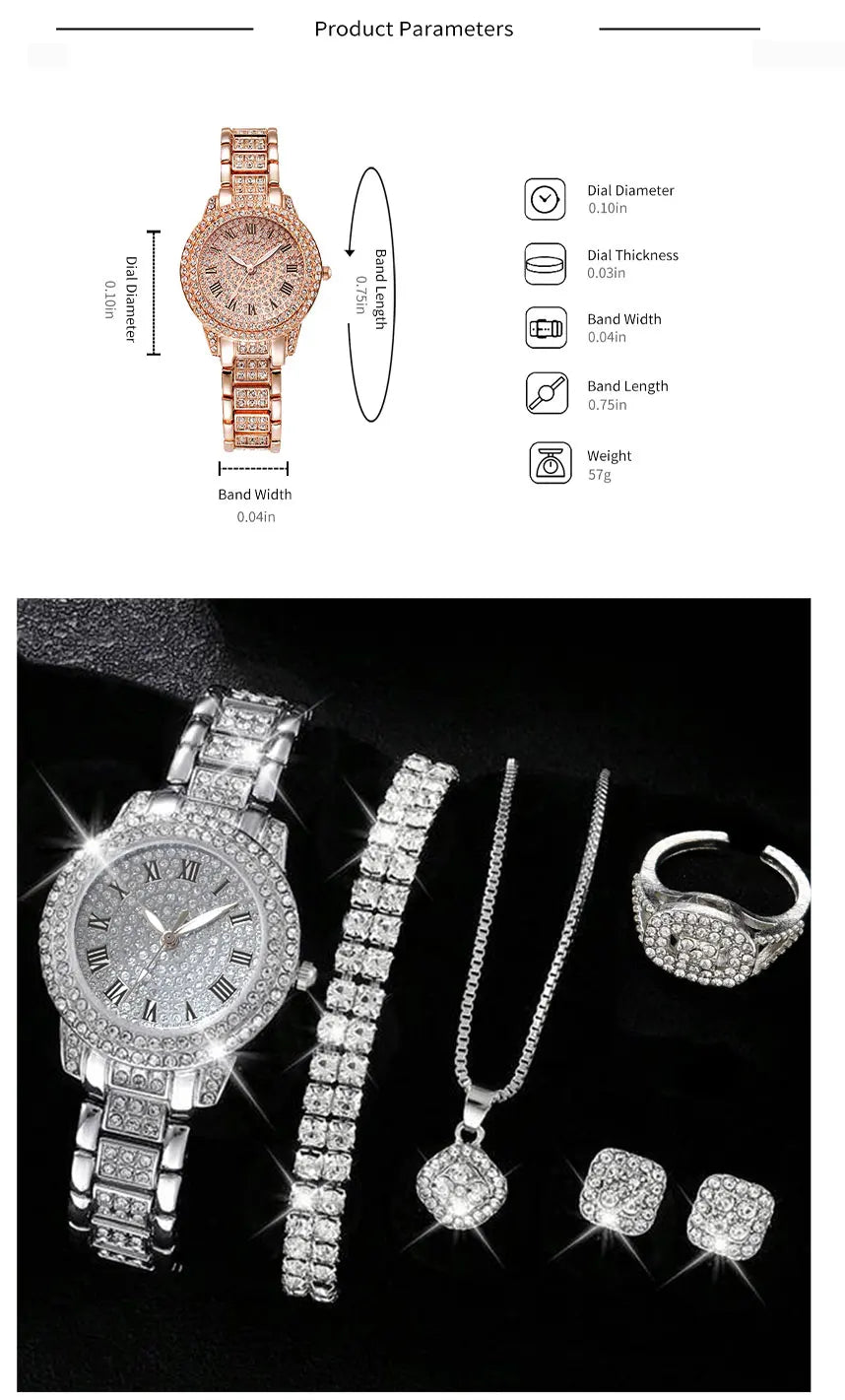 Coffret de 6 montres de luxe pour femmes, ornées de cristaux et de strass, à quartz.