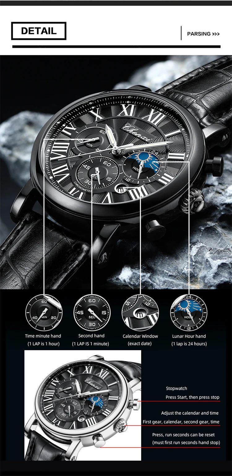 Montre homme CHENXI 973 à quartz, multifonctions, avec phase de lune et date, cadran analogique romain et bracelet en cuir. Idéale comme cadeau.