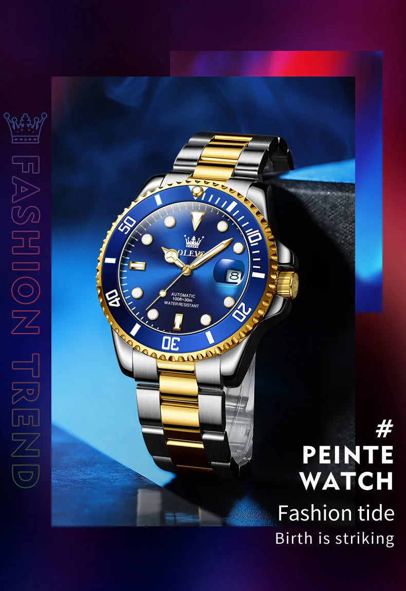 Montre homme OLEVS 6650, classique et originale, automatique, mécanique, avec index en zircon, étanche et lumineuse, en acier inoxydable.