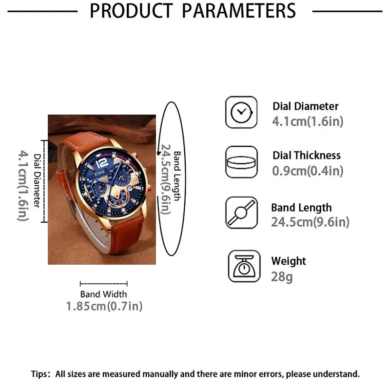 Men's Watch Set - 2pcs Business Calendar Leather Quartz Watch