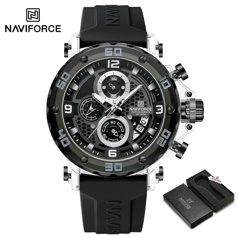 ساعة NAVIFORCE للرجال كوارتز عصرية مقاومة للماء حتى 5ATM ساعات رجالية كرونوغراف عقارب مضيئة حزام سيليكون خفيف الوزن
