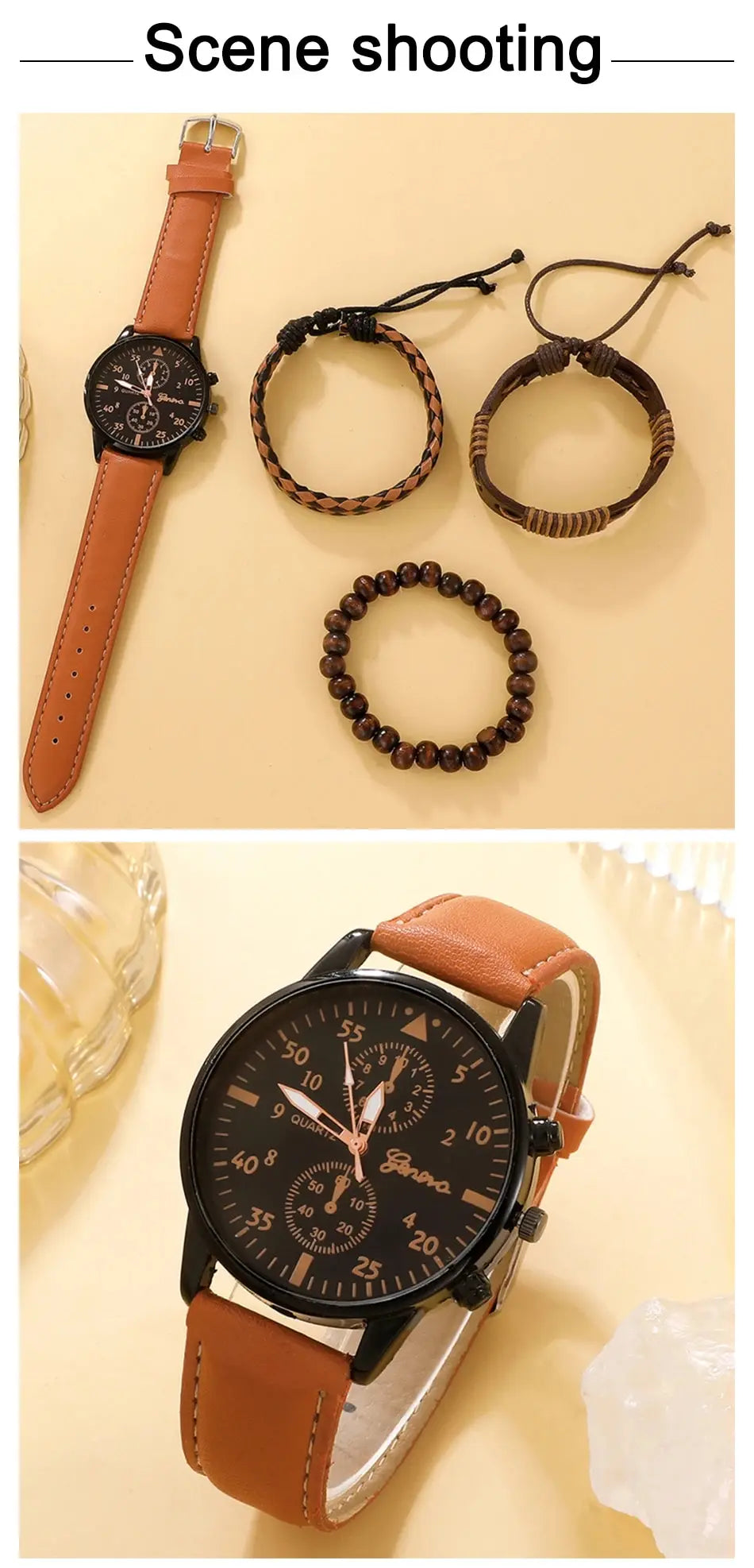 Men's Watch Set - Luxury Bracelet Brown Leather Quartz Watch Gift Set