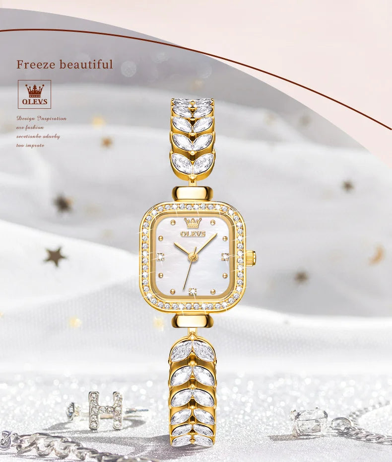 ساعة OLEVS 9987 النسائية - ساعة مربعة مقاومة للماء بسوار فولاذي