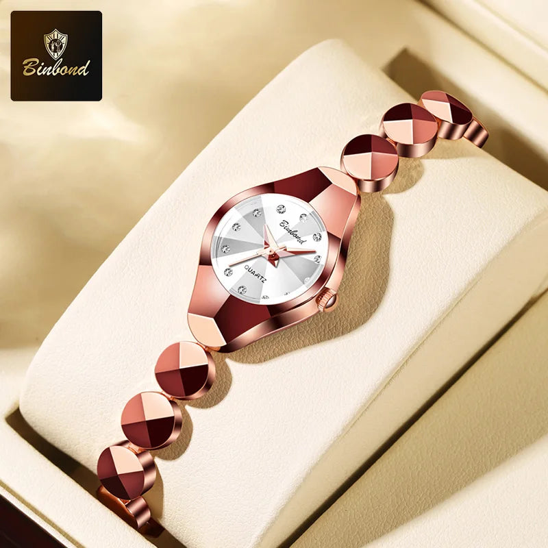 ساعة BINBOND النسائية - سوار فولاذي فاخر مقاوم للماء