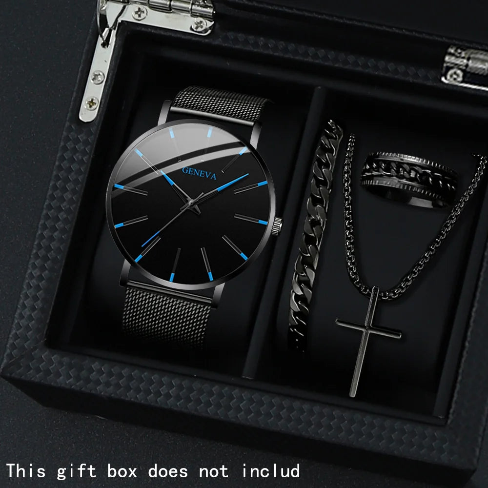 Men's Watch Set - 4pcs Casual Quartz Watch PU Leather Strap Gift Set