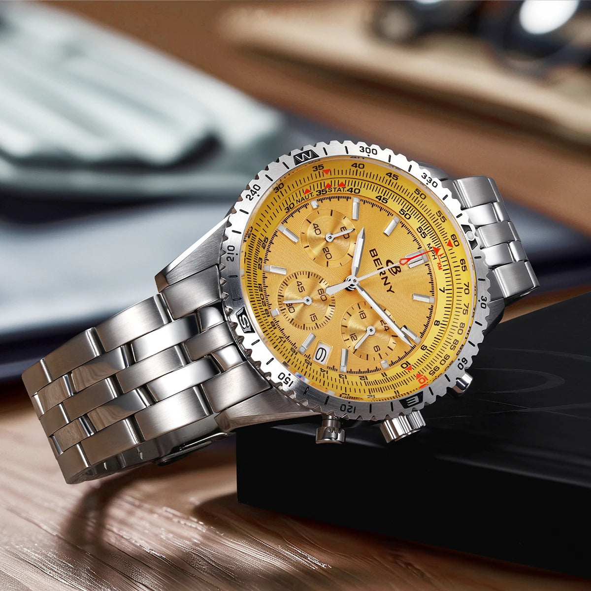 Montre chronographe BERNY pour homme, montre de pilote d'aviation multifonction à quartz avec date, verre saphir et luminescence intense. Montre-bracelet de luxe.