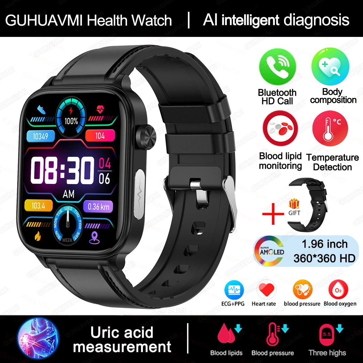Smart Watch 2025 - ECG+PPG Blood Pressure Blood Lipid Uric Acid Menstrual Tracker