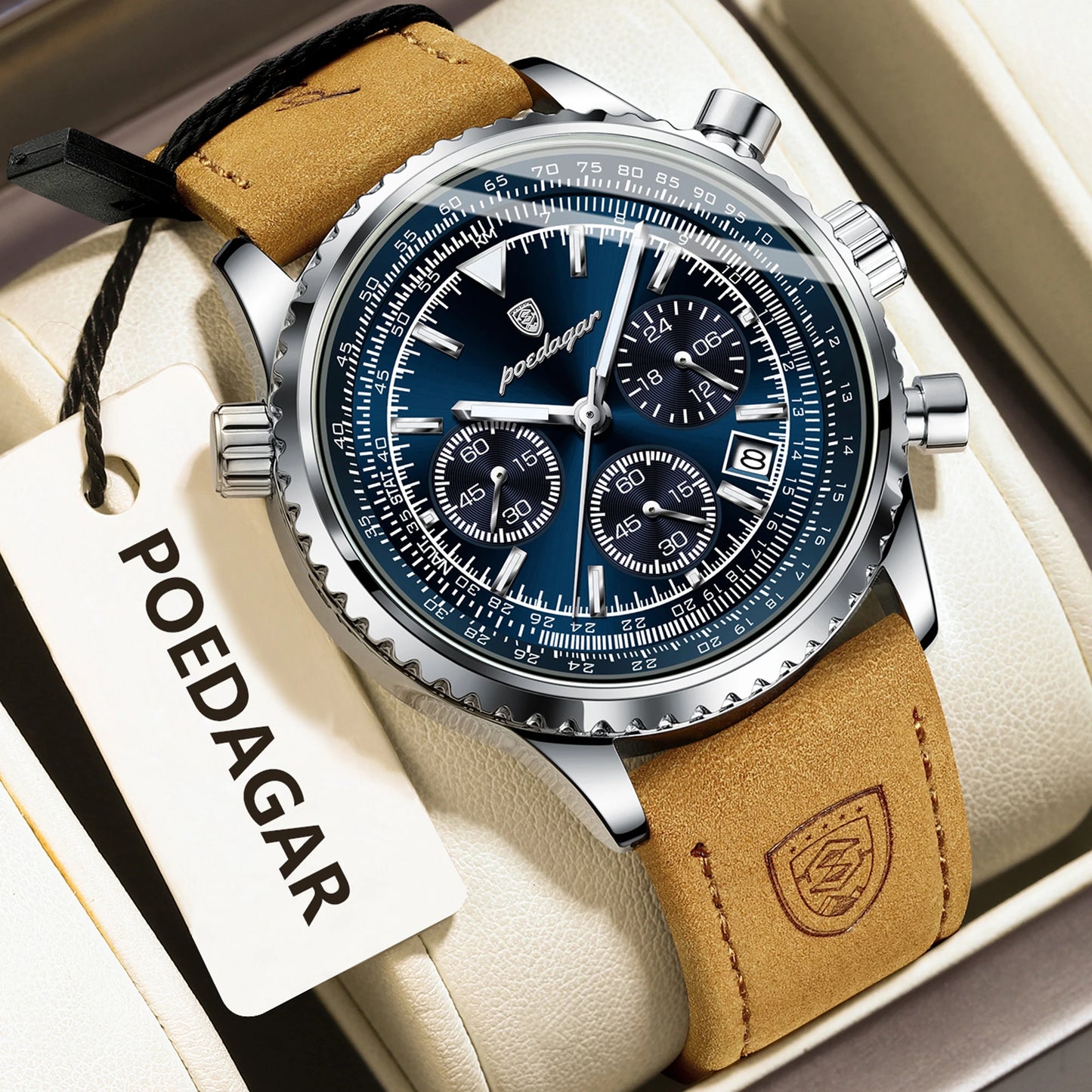 ساعة رجالية فاخرة من ماركة POEDAGAR مقاومة للماء ومضيئة وتاريخ كرونوغراف من الجلد ساعة رجالية كوارتز ساعات عمل أنيقة للرجال