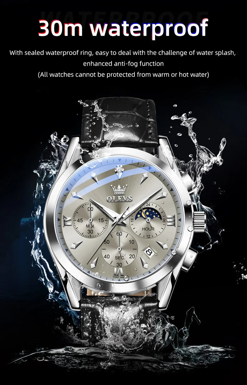 ساعة OLEVS 3609 الأصلية كرونوغراف بمرحلة القمر للرجال بحزام جلدي مقاوم للماء ومضيئة من ماركة فاخرة ساعات معصم كوارتز للرجال