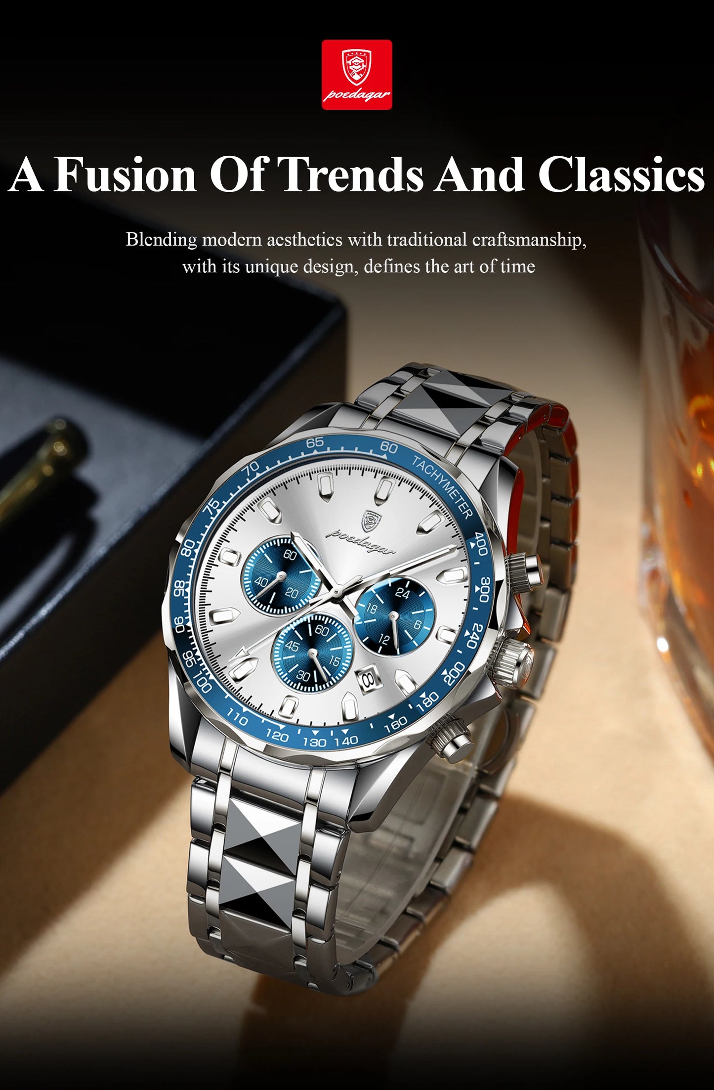 ساعة POEDAGAR للرجال من ماركة الأزياء المقاومة للماء والفولاذ المقاوم للصدأ ساعات رجالية مضيئة كرونوغراف وتاريخ كوارتز ساعة رياضية للرجال