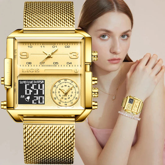 Montre femme LIGE 2024 - Montre de luxe carrée à double affichage