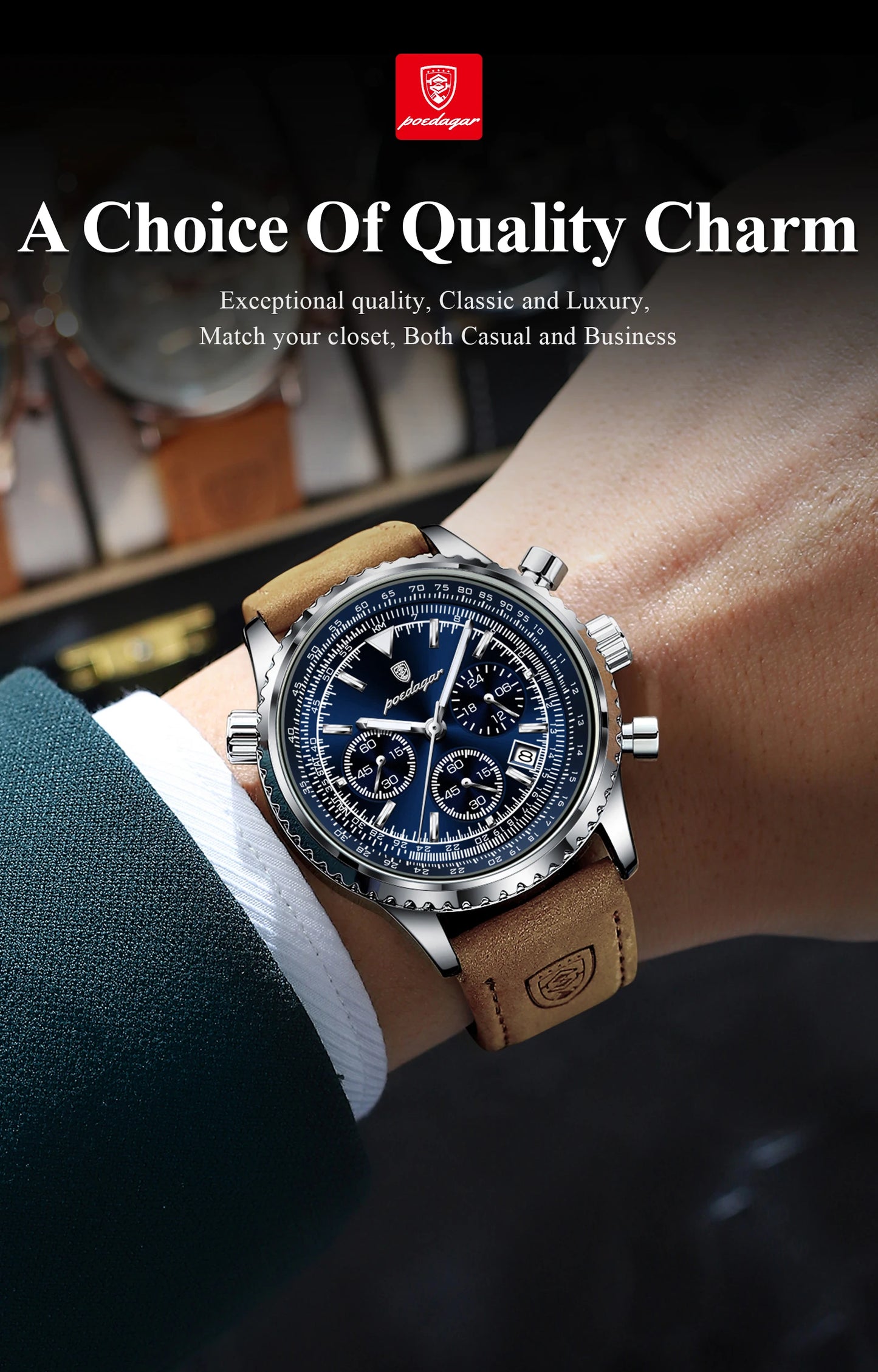 ساعة رجالية فاخرة من ماركة POEDAGAR مقاومة للماء ومضيئة وتاريخ كرونوغراف من الجلد ساعة رجالية كوارتز ساعات عمل أنيقة للرجال