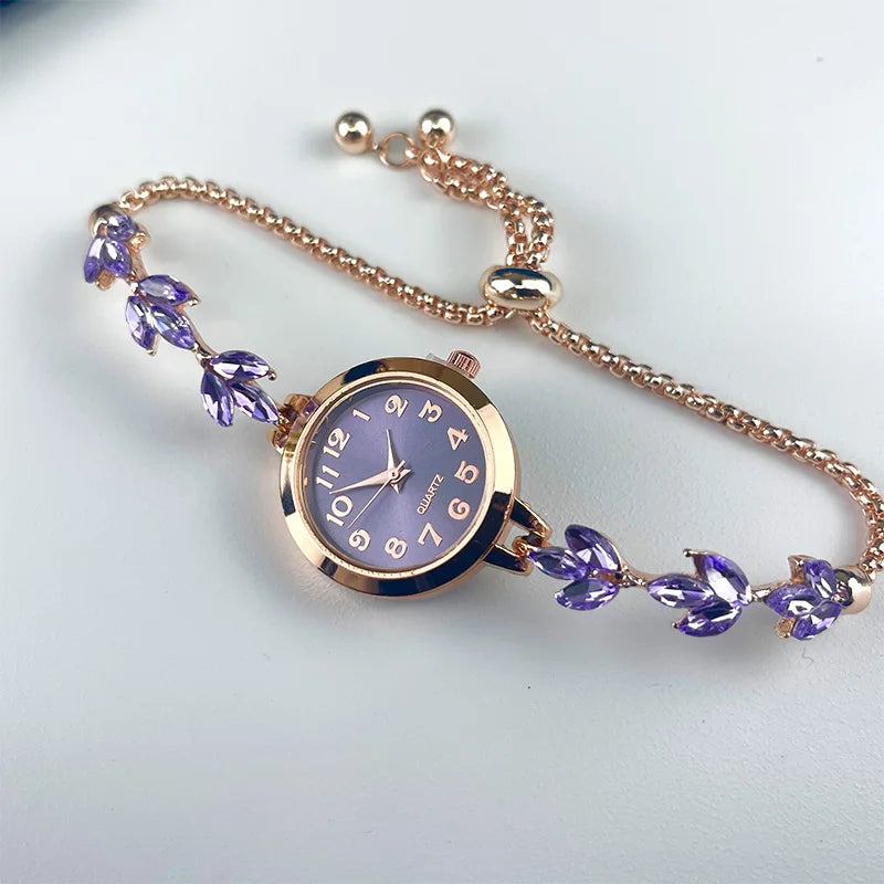 Montre à quartz pour femme - Bracelet en diamant feuille, montre élégante