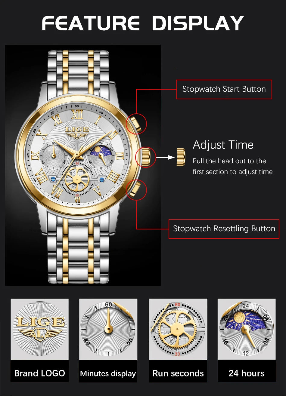 Montre femme LIGE 2024 - Montre de luxe étanche avec bracelet en acier